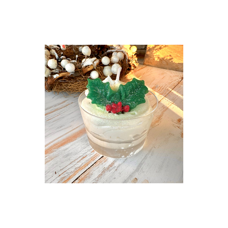 Bougie mini verrine houx givré 